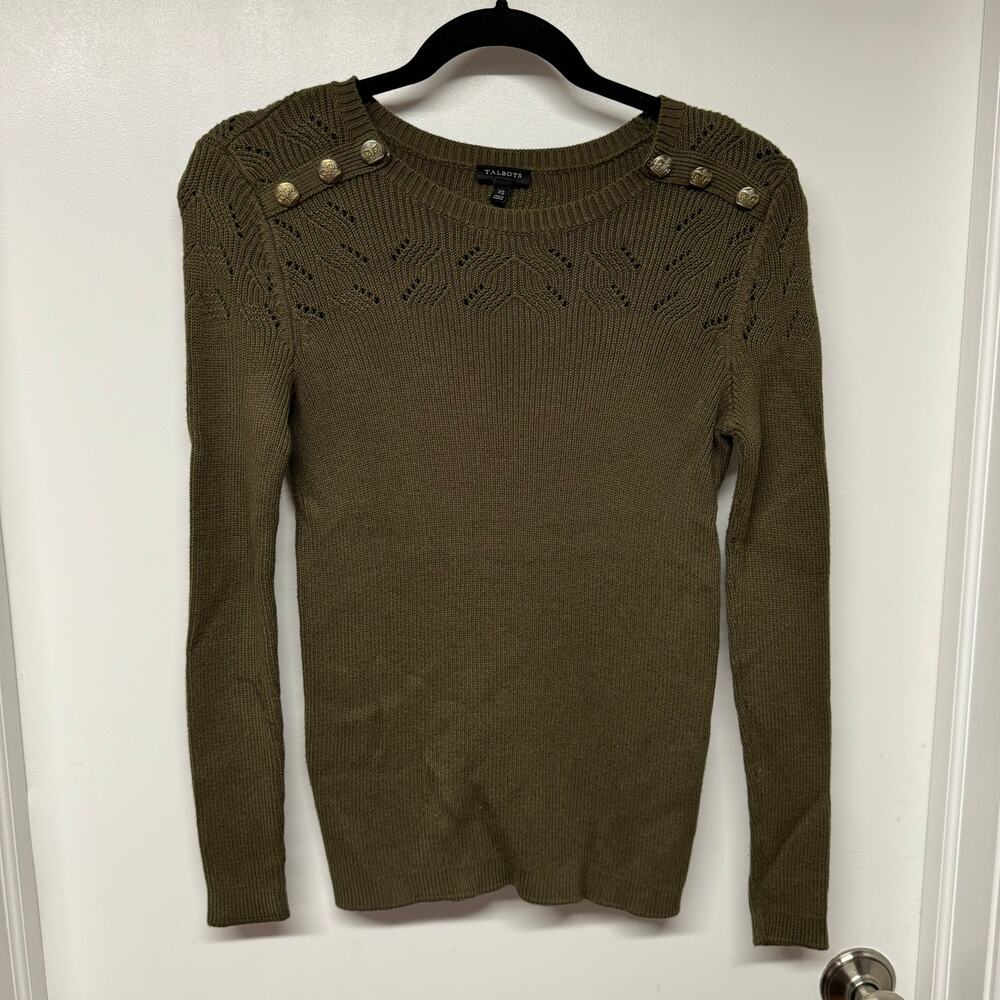 Talbots Womens Olive Green Scoop Neck Sweater Brass Buttons Open Knit Size XS